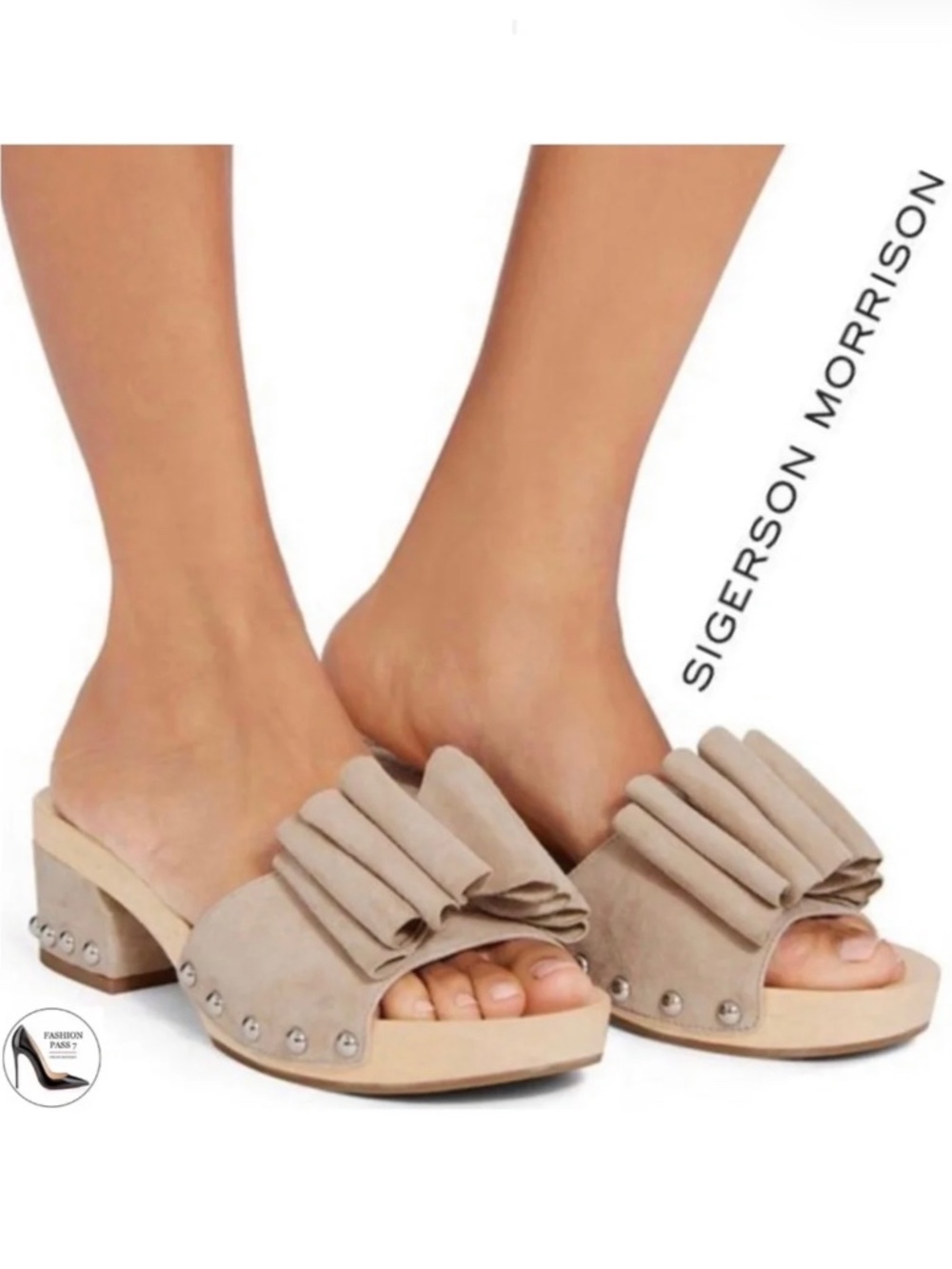 Sigerson Morrison beige suede Aida bow stud clog sandals Wooden Platform Mules